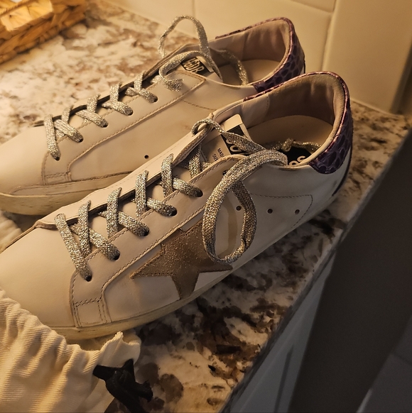 Golden Goose Super-Star Leather Upper And Heel Glitter Star   Super Star White and Purple Sneakers